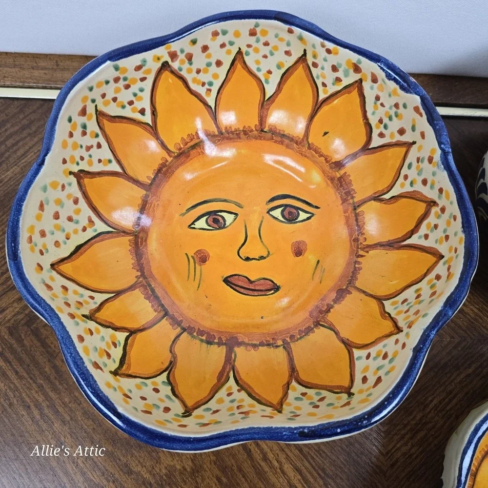 Vintage Celestial Bowl Sun Flower Yellow Blue Stacking Nesting Set Clay Handmade